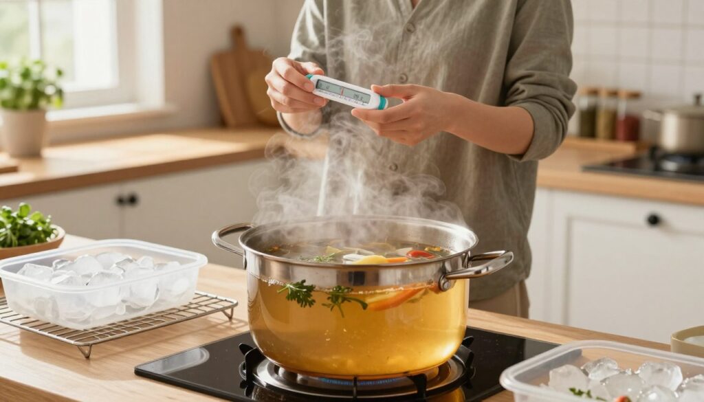 A warm, inviting kitchen scene featuring a large pot of freshly cooked broth cooling on the countertop. In the foreground, focus on the pot with steam rising gently, showcasing the rich, golden color of the broth filled with herbs and vegetables. Surrounding the pot are cooling racks and ice baths, hinting at safe cooling methods. In the middle ground, a person in modest casual clothing checks the temperature with a food thermometer, ensuring safety. The background depicts cozy kitchen elements like wooden shelves with jars of spices, potted herbs, and soft, natural lighting streaming in from a nearby window, creating a homely and cautious atmosphere perfect for food safety practices. A warm, inviting kitchen scene featuring a large pot of freshly cooked broth cooling on the countertop. In the foreground, focus on the pot with steam rising gently, showcasing the rich, golden color of the broth filled with herbs and vegetables. Surrounding the pot are cooling racks and ice baths, hinting at safe cooling methods. In the middle ground, a person in modest casual clothing checks the temperature with a food thermometer, ensuring safety. The background depicts cozy kitchen elements like wooden shelves with jars of spices, potted herbs, and soft, natural lighting streaming in from a nearby window, creating a homely and cautious atmosphere perfect for food safety practices.