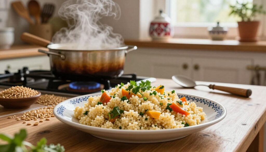 A warm, inviting kitchen scene showcasing a traditional Polish dining table set against a cozy background. In the foreground, a beautifully plated dish of fluffy couscous garnished with fresh herbs and vegetables, reflecting the texture and lightness of perfectly cooked couscous. The middle ground features a pot gently steaming on the stove, with grains of couscous spilling next to it, conveying the cooking process. Soft, natural lighting streams through a window, creating a comfortable atmosphere. In the background, rustic kitchen elements, like wooden utensils and traditional Polish decor, add cultural context while remaining out of focus. The scene evokes the rich culinary heritage of Poland, highlighting the essence of couscous in its cuisine.
