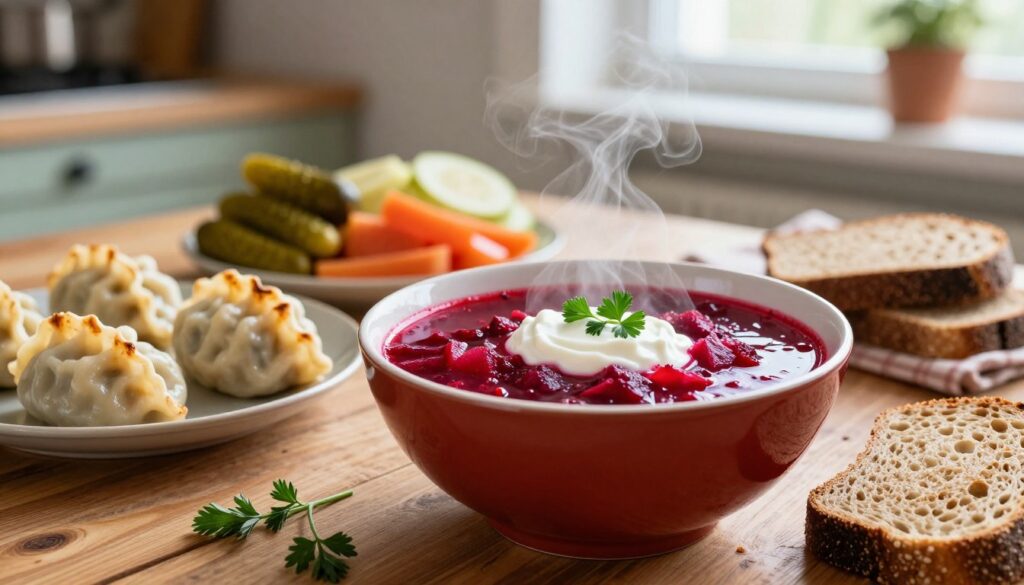 A warm, inviting scene featuring a bowl of traditional red borscht (barszcz czerwony), vibrant and steaming, placed on a rustic wooden table. In the foreground, the bowl is garnished with a dollop of sour cream and adorned with fresh herbs, surrounded by delicious seasonal accompaniments like crispy pastry dumplings and slices of rye bread. In the middle ground, an assortment of colorful, pickled vegetables adds richness to the tableau. The background is softly blurred, hinting at a cozy kitchen atmosphere with gentle, natural light streaming through a nearby window, casting a warm glow over the ingredients, enhancing the inviting and homey mood ideal for holiday gatherings. The entire composition conveys a sense of comfort and tradition.