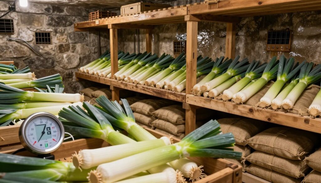 A well-lit, atmospheric underground cellar showcasing the careful management of temperature and humidity for storing leeks. In the foreground, a digital hygrometer and thermometer sit next to freshly harvested leeks, emphasizing their preservation. The middle section features wooden shelves filled with neatly arranged crates and burlap bags of leeks, highlighting a cool, organized space. The background reveals stone walls with moisture control features, such as vents and water condensation, underscoring the importance of air circulation. Soft, diffused lighting creates a serene, calm ambiance, suggesting an ideal storage environment. The angle captures depth, fostering a sense of professionalism and care in the storage process.