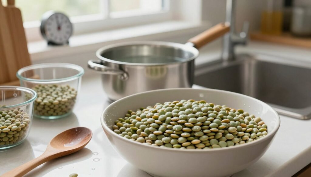 A well-lit kitchen counter filled with prepped ingredients for cooking lentils, featuring a close-up of a bowl of rinsed green lentils, glistening with fresh water droplets. In the foreground, a wooden spoon rests beside the bowl, while various tools like a measuring cup and a colander are scattered around, emphasizing the preparation stage. In the middle, a small pot filled with water is positioned, alongside a timer, indicating the importance of timing for perfect cooking. The background shows a softly blurred kitchen environment with natural light streaming in from a window, creating a warm, inviting atmosphere. The focus should be on the freshness and readiness of the lentils, capturing the essence of washing and soaking before cooking.