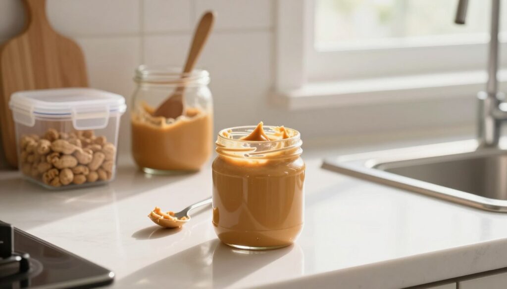 A well-organized kitchen countertop featuring a jar of creamy peanut butter opened, with a smooth surface reflecting light. In the foreground, a small spoon rests beside the jar, half-dipped into the peanut butter, suggesting a recent use. The middle ground includes a variety of storage options, such as an airtight container and a wooden spoon for stirring. In the background, a bright, well-lit kitchen with soft, natural lighting creating a warm and inviting atmosphere. Light filters in through a nearby window, casting gentle shadows that add depth. The overall mood is homey and practical, emphasizing the notion of preserving peanut butter's texture after opening.