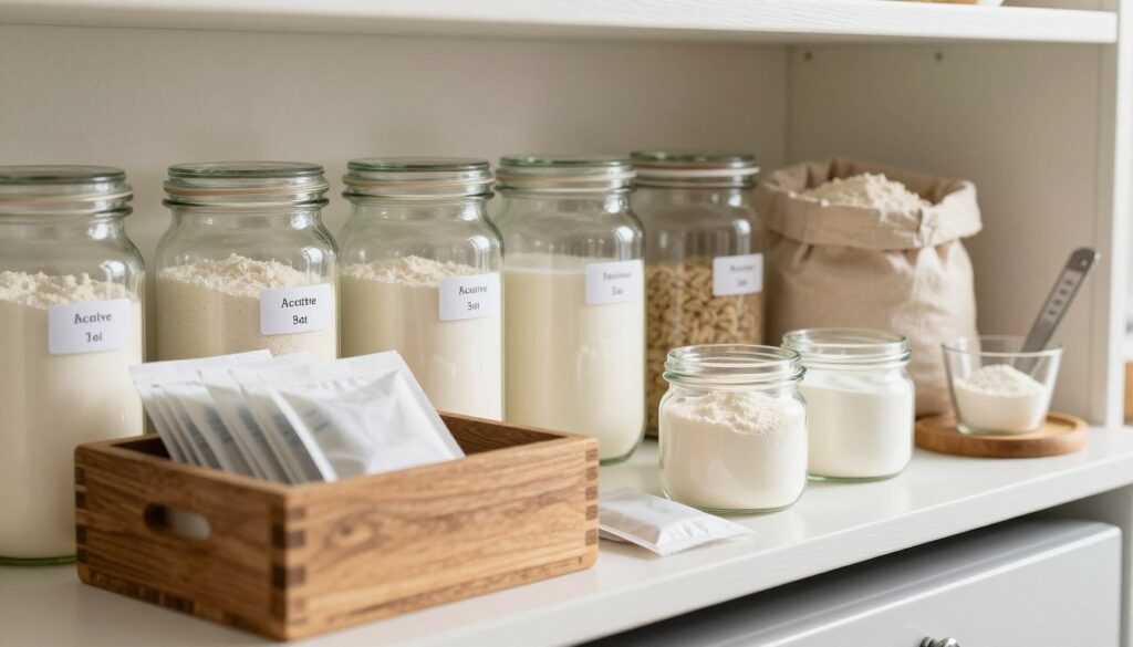 A well-organized kitchen shelf showcasing various forms of yeast storage methods. In the foreground, a rustic wooden box holds packets of dry yeast, with a few opened packets spilling out, signifying freshness. The middle layer features transparent glass jars containing active dry yeast, labeled with dates to indicate freshness, glowing softly under diffused natural light. The background consists of neatly arranged baking supplies, such as flour sacks and measuring cups, which create a cozy, inviting baking environment. The overall atmosphere is warm and homely, evoking a sense of passion for baking. The lighting is bright yet soft, creating an airy feel. The camera angle captures the scene at a slightly elevated perspective, focusing on the yeast storage while keeping the baking supplies in view.