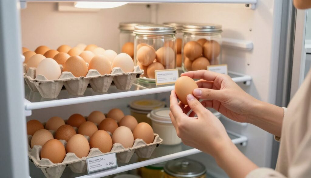 A well-organized refrigerator shelf showcasing a variety of eggs in different containers, such as an egg carton and glass jars, emphasizing freshness and quality control. In the foreground, a close-up of a person’s hand gently inspecting an egg, dressed in modest casual clothing. In the middle, a neatly arranged display of eggs along with small labels indicating freshness dates and quality checks. The background features a softly lit kitchen environment, with warm light highlighting the eggs, creating a cozy atmosphere. The overall mood is professional yet inviting, drawing attention to best practices in egg storage. Focus on clarity and cleanliness in the scene, with no distracting elements or text overlays. A well-organized refrigerator shelf showcasing a variety of eggs in different containers, such as an egg carton and glass jars, emphasizing freshness and quality control. In the foreground, a close-up of a person’s hand gently inspecting an egg, dressed in modest casual clothing. In the middle, a neatly arranged display of eggs along with small labels indicating freshness dates and quality checks. The background features a softly lit kitchen environment, with warm light highlighting the eggs, creating a cozy atmosphere. The overall mood is professional yet inviting, drawing attention to best practices in egg storage. Focus on clarity and cleanliness in the scene, with no distracting elements or text overlays.
