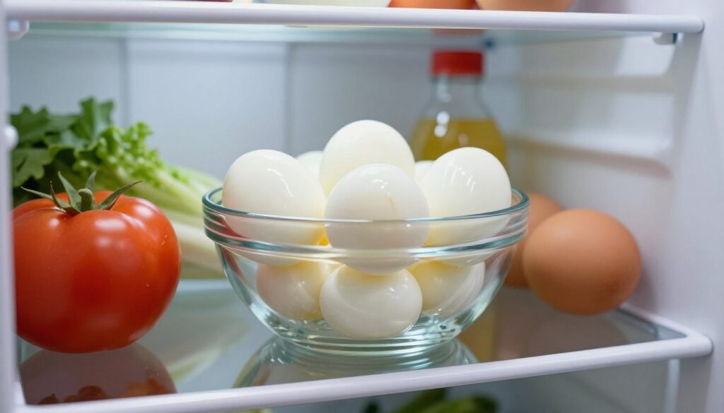 A well-stocked refrigerator with a clear focus on a container of boiled eggs. In the foreground, a simple, elegant glass bowl filled with neatly peeled boiled eggs sits on a shelf, showcasing their glossy finish. The middle ground features assorted fresh vegetables and condiments, hinting at healthy meal options. The background shows the interior of the refrigerator, with a soft, cool light illuminating the scene, creating a fresh and inviting atmosphere. The lens captures the detail of the eggs, highlighting their smooth texture while maintaining a clean and organized refrigerator aesthetic. The overall mood is one of freshness and culinary readiness, emphasizing the importance of proper food storage.