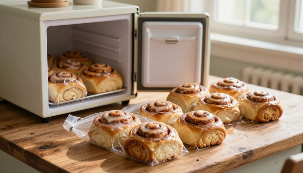 An inviting image of freshly baked cinnamon rolls, artfully arranged on a rustic wooden table. In the foreground, a few rolls are gently placed in a clear freezer bag, showcasing their delicate swirls and glossy icing. The rolls should look soft and fluffy, with warm, cinnamon-spiced hues. In the middle ground, a vintage-style kitchen is depicted, with a small countertop freezer open and filled with neatly stored bags of cinnamon rolls, hinting at their preservation. The background features a sunlit window, casting a warm, natural light across the scene, creating a cozy and homey atmosphere. The overall mood exudes warmth, comfort, and the joy of home-baked treats, perfect for illustrating the process of freezing cinnamon rolls for future enjoyment.