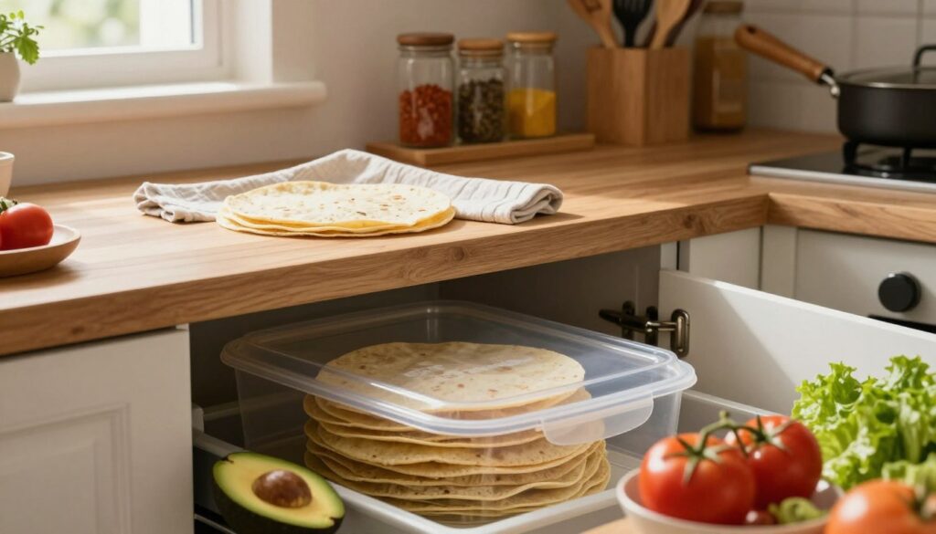 An inviting kitchen scene showcasing a neatly organized storage area for tortillas after opening. In the foreground, a variety of tortillas are stacked inside a container with a clear lid, surrounded by fresh ingredients like avocado, tomatoes, and lettuce. In the middle ground, a well-lit countertop displays a soft cloth draped over some tortillas, suggesting a gentle care approach to prevent drying. The background features warm, natural lighting coming through a window, illuminating the rustic wooden shelves lined with spices and cooking utensils. The atmosphere is cozy and homey, emphasizing a sense of practicality and warmth, ideal for preserving freshness and moisture in tortillas.