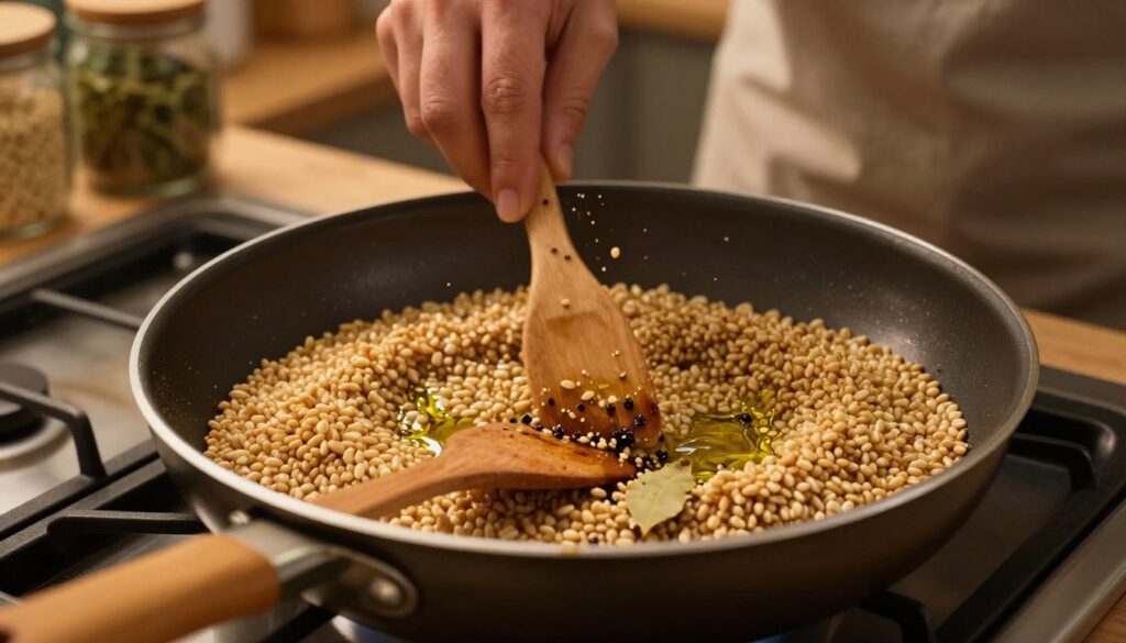 Close-up image of a large frying pan on a stove, showcasing the process of toasting barley groats for "prażenie kaszy". The groats are golden brown, emitting a slightly toasted aroma, with a few splashes of olive oil adding glossy reflections. In the foreground, wooden utensils are scattered for stirring. The stovetop is softly illuminated by warm, inviting kitchen lighting, suggesting a cozy cooking atmosphere. In the middle ground, a hand in a modest casual attire is seen expertly stirring the groats, while spices like bay leaves and black pepper are lightly sprinkled in. The background features blurred kitchen elements, such as jars of herbs and grains, creating depth and context of a homey kitchen environment. The overall mood is warm and inviting, emphasizing the care and technique involved in cooking. Close-up image of a large frying pan on a stove, showcasing the process of toasting barley groats for "prażenie kaszy". The groats are golden brown, emitting a slightly toasted aroma, with a few splashes of olive oil adding glossy reflections. In the foreground, wooden utensils are scattered for stirring. The stovetop is softly illuminated by warm, inviting kitchen lighting, suggesting a cozy cooking atmosphere. In the middle ground, a hand in a modest casual attire is seen expertly stirring the groats, while spices like bay leaves and black pepper are lightly sprinkled in. The background features blurred kitchen elements, such as jars of herbs and grains, creating depth and context of a homey kitchen environment. The overall mood is warm and inviting, emphasizing the care and technique involved in cooking.