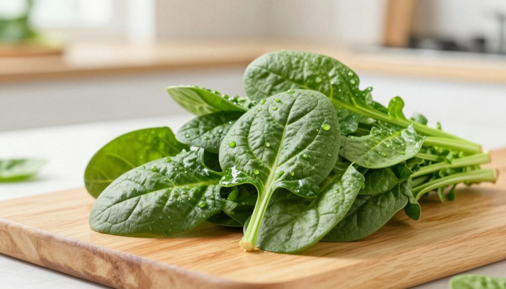 Fresh spinach leaves are the centerpiece of this image, showcasing vibrant green hues with a slight sheen to illustrate their freshness. The foreground features a neatly arranged pile of whole spinach leaves, glistening with dew to emphasize their just-harvested quality. In the middle ground, a wooden cutting board sits, subtly textured and warm, enhancing the organic feel of the scene. The background softly blurs to reveal a hint of a bright kitchen setting, with natural light filtering in through a window, casting gentle shadows that highlight the leaves' rich colors. The overall atmosphere is clean and inviting, signaling the preparation process, evoking a sense of freshness and health in the kitchen. Fresh spinach leaves are the centerpiece of this image, showcasing vibrant green hues with a slight sheen to illustrate their freshness. The foreground features a neatly arranged pile of whole spinach leaves, glistening with dew to emphasize their just-harvested quality. In the middle ground, a wooden cutting board sits, subtly textured and warm, enhancing the organic feel of the scene. The background softly blurs to reveal a hint of a bright kitchen setting, with natural light filtering in through a window, casting gentle shadows that highlight the leaves' rich colors. The overall atmosphere is clean and inviting, signaling the preparation process, evoking a sense of freshness and health in the kitchen.