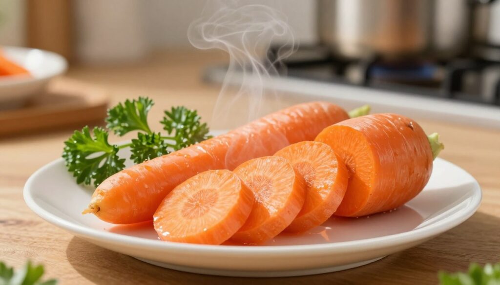 In the foreground, a vibrant, perfectly steamed carrot sits elegantly on a clean, white plate, glistening with a subtle sheen from the steaming process. The carrot is cut into visually appealing, evenly sized rounds, showcasing its bright orange hue and crisp texture. In the middle ground, a delicate sprig of fresh parsley complements the dish, adding a touch of green vibrancy. The background features a softly blurred kitchen setting with warm wooden textures and a hint of a steaming pot, indicating the cooking process. The lighting is soft and natural, casting gentle shadows that enhance the freshness of the ingredients. The atmosphere is warm and inviting, conveying a sense of homemade comfort and culinary expertise.