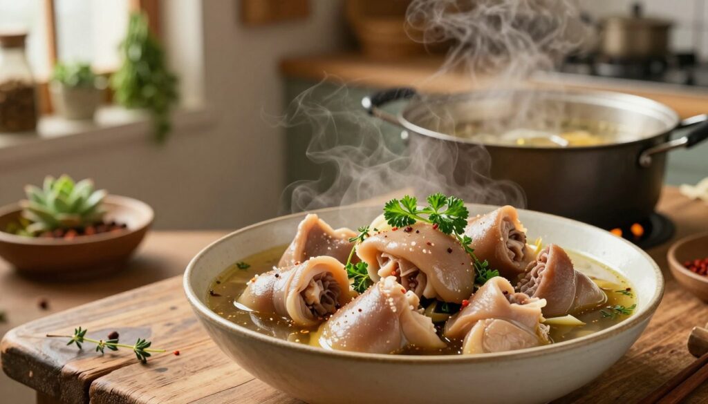 Succulent pork tongues simmering in a rich, aromatic broth, garnished with fresh herbs like parsley and thyme. In the foreground, a steaming bowl of the tender pork tongues, glistening with spices, showcases their smooth texture. The middle ground features a rustic wooden table, with a pot of broth on a gentle flame, releasing fragrant steam. In the background, an inviting kitchen setting with herbs hanging and spices neatly arranged, bathed in warm, soft lighting to create a cozy atmosphere. The scene captures the essence of a home-cooked meal, evoking warmth and comfort.