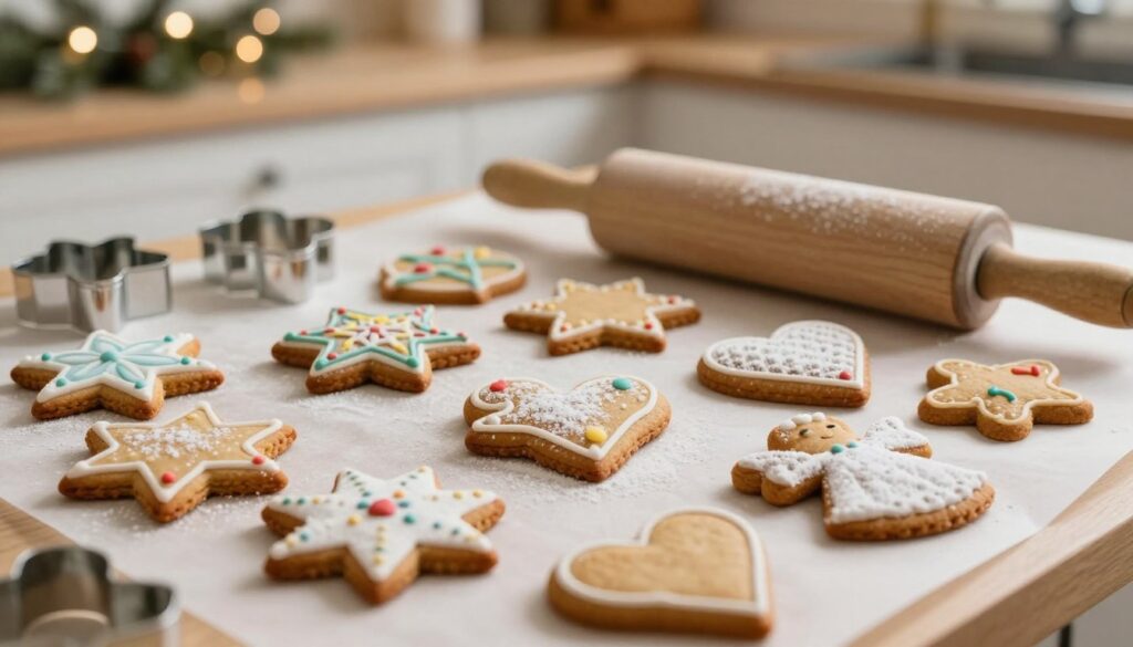 A beautifully arranged assortment of freshly baked pierniczki, capturing the essence of holiday traditions. In the foreground, showcase intricately shaped gingerbread cookies, such as stars, hearts, and angels, dusted with powdered sugar and adorned with colorful icing. The middle ground features a rolling pin and cookie cutters, hinting at the techniques of rolling and cutting festive shapes. In the background, soft, warm kitchen lighting creates a cozy atmosphere, with a hint of pine garlands and twinkling fairy lights subtly blurred, adding to the ambiance. The image conveys a sense of warmth, nostalgia, and readiness for decoration, inviting viewers into the joyful experience of holiday baking. A beautifully arranged assortment of freshly baked pierniczki, capturing the essence of holiday traditions. In the foreground, showcase intricately shaped gingerbread cookies, such as stars, hearts, and angels, dusted with powdered sugar and adorned with colorful icing. The middle ground features a rolling pin and cookie cutters, hinting at the techniques of rolling and cutting festive shapes. In the background, soft, warm kitchen lighting creates a cozy atmosphere, with a hint of pine garlands and twinkling fairy lights subtly blurred, adding to the ambiance. The image conveys a sense of warmth, nostalgia, and readiness for decoration, inviting viewers into the joyful experience of holiday baking.