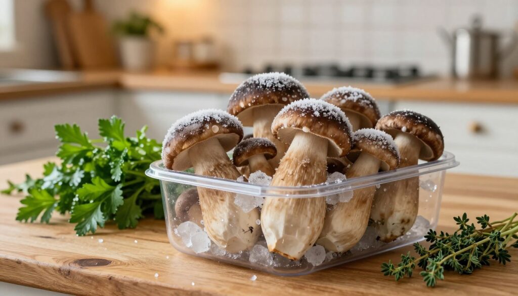 A beautifully arranged composition of frozen porcini mushrooms (mrożone maślaki), displayed in a transparent container with ice crystals glistening around them. In the foreground, the container, placed on a rustic wooden kitchen table, reveals the mushrooms' rich, earthy tones and textures. In the middle ground, various tufts of fresh herbs—such as parsley and thyme—add a lively contrast with their vibrant green colors. The background features a softly lit kitchen, with warm, inviting lighting creating a cozy atmosphere. A subtle bokeh effect enhances the focus on the fungi, while hints of kitchen utensils and a recipe book can be seen blurred in the backdrop. The mood is warm and homely, perfect for cooking enthusiasts. A beautifully arranged composition of frozen porcini mushrooms (mrożone maślaki), displayed in a transparent container with ice crystals glistening around them. In the foreground, the container, placed on a rustic wooden kitchen table, reveals the mushrooms' rich, earthy tones and textures. In the middle ground, various tufts of fresh herbs—such as parsley and thyme—add a lively contrast with their vibrant green colors. The background features a softly lit kitchen, with warm, inviting lighting creating a cozy atmosphere. A subtle bokeh effect enhances the focus on the fungi, while hints of kitchen utensils and a recipe book can be seen blurred in the backdrop. The mood is warm and homely, perfect for cooking enthusiasts.