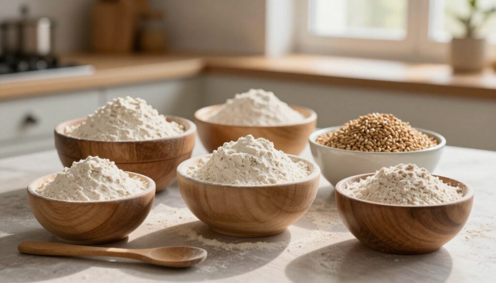 A beautifully arranged composition of various types of flour, showcasing their textures and colors, set against a softly blurred background of a rustic kitchen. In the foreground, several bowls filled with all-purpose flour, cake flour, and whole wheat flour are artfully placed, each displaying its unique grain structure. A wooden spoon rests beside the bowls, hinting at the baking process. Warm, natural light streams in from a window, casting gentle shadows and highlighting the fine details of the flour. The mood is inviting and cozy, evoking the warmth of a home baking environment, perfect for illustrating the essential ingredients that contribute to a perfect cake structure. The composition should maintain a clean and uncluttered aesthetic, focusing solely on the flour and its subtle beauty. A beautifully arranged composition of various types of flour, showcasing their textures and colors, set against a softly blurred background of a rustic kitchen. In the foreground, several bowls filled with all-purpose flour, cake flour, and whole wheat flour are artfully placed, each displaying its unique grain structure. A wooden spoon rests beside the bowls, hinting at the baking process. Warm, natural light streams in from a window, casting gentle shadows and highlighting the fine details of the flour. The mood is inviting and cozy, evoking the warmth of a home baking environment, perfect for illustrating the essential ingredients that contribute to a perfect cake structure. The composition should maintain a clean and uncluttered aesthetic, focusing solely on the flour and its subtle beauty.