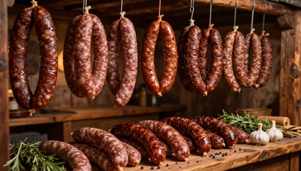 A beautifully arranged display of homemade sausages, or "kiełbasy," hanging in a traditional smokehouse. In the foreground, showcase a variety of kielbasa types, rich in colors and textures, including glossy, perfectly smoked links that glisten with natural oils. The middle ground features a rustic wooden table with herbs and spices, like garlic and peppercorns, scattered around to highlight the seasoning process. In the background, the smokehouse is dimly lit with warm, inviting light, casting a golden hue over the scene, revealing wooden beams and hanging chains. The overall atmosphere is warm and homely, evoking a sense of artisanal craftsmanship and the rich tradition of sausage-making. Please ensure no text or branding elements are present in the image. A beautifully arranged display of homemade sausages, or "kiełbasy," hanging in a traditional smokehouse. In the foreground, showcase a variety of kielbasa types, rich in colors and textures, including glossy, perfectly smoked links that glisten with natural oils. The middle ground features a rustic wooden table with herbs and spices, like garlic and peppercorns, scattered around to highlight the seasoning process. In the background, the smokehouse is dimly lit with warm, inviting light, casting a golden hue over the scene, revealing wooden beams and hanging chains. The overall atmosphere is warm and homely, evoking a sense of artisanal craftsmanship and the rich tradition of sausage-making. Please ensure no text or branding elements are present in the image.