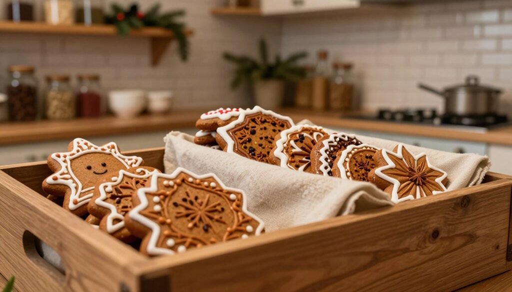 A beautifully arranged display of traditional Polish gingerbread (piernik staropolski) resting in a rustic, wooden storage box. The foreground features several intricately decorated gingerbread pieces, showing off their rich spices and glossy icing. In the middle, the box is partially open, revealing more gingerbread nestled in soft, natural fabric to retain moisture. The background includes a softly lit kitchen ambiance, with warm, ambient lighting that creates a cozy atmosphere. The wooden shelves are lined with jars of spices and a few evergreen decorations, enhancing the sense of tradition and warmth. The lens captures the scene at a slight angle, emphasizing depth and texture while evoking feelings of home and heritage. The overall mood is inviting and nostalgic, perfect for illustrating the theme of preserving freshness. A beautifully arranged display of traditional Polish gingerbread (piernik staropolski) resting in a rustic, wooden storage box. The foreground features several intricately decorated gingerbread pieces, showing off their rich spices and glossy icing. In the middle, the box is partially open, revealing more gingerbread nestled in soft, natural fabric to retain moisture. The background includes a softly lit kitchen ambiance, with warm, ambient lighting that creates a cozy atmosphere. The wooden shelves are lined with jars of spices and a few evergreen decorations, enhancing the sense of tradition and warmth. The lens captures the scene at a slight angle, emphasizing depth and texture while evoking feelings of home and heritage. The overall mood is inviting and nostalgic, perfect for illustrating the theme of preserving freshness.