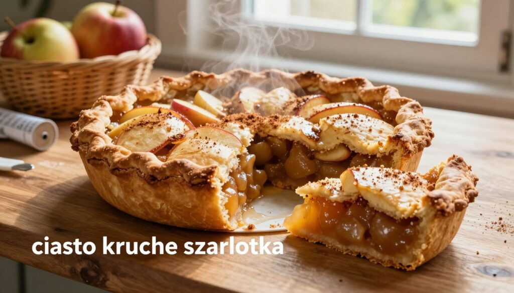 A beautifully arranged, freshly baked apple pie, known as "ciasto kruche szarlotka," sits on an elegant wooden table. The golden, flaky crust is slightly crumbled at the edges, showcasing its perfect texture. Steam rises gently from the top, hinting at the warmth inside, filled with juicy, spiced apples glistening with a sprinkle of cinnamon. In the foreground, a slice of the pie reveals its succulent filling, a perfect contrast of warm amber and brown. Soft, natural lighting filters in from a nearby window, casting a warm glow, enhancing the inviting atmosphere. In the background, rustic kitchen elements like an apple basket and measuring ingredients subtly suggest the making of this delightful treat. The mood is cozy and inviting, evoking the warmth of home baking. A beautifully arranged, freshly baked apple pie, known as "ciasto kruche szarlotka," sits on an elegant wooden table. The golden, flaky crust is slightly crumbled at the edges, showcasing its perfect texture. Steam rises gently from the top, hinting at the warmth inside, filled with juicy, spiced apples glistening with a sprinkle of cinnamon. In the foreground, a slice of the pie reveals its succulent filling, a perfect contrast of warm amber and brown. Soft, natural lighting filters in from a nearby window, casting a warm glow, enhancing the inviting atmosphere. In the background, rustic kitchen elements like an apple basket and measuring ingredients subtly suggest the making of this delightful treat. The mood is cozy and inviting, evoking the warmth of home baking.