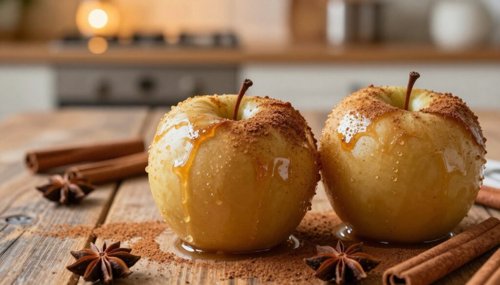 A beautifully arranged image of baked apples, visually showcasing their golden-brown skin glistening with caramelized sugar. The foreground features a close-up of two plump, round apples, their skin slightly wrinkled from the baking process, sprinkled with cinnamon powder. The middle ground includes a rustic wooden table sprinkled with cinnamon sticks and star anise, enhancing the earthy tones. In the background, a softly glowing kitchen with warm, inviting lighting creates a cozing atmosphere. The image is captured at a slight top-down angle to highlight the textures of the apples and the surrounding spices. The overall mood is warm and inviting, exuding a sense of comfort and home-cooked delight. A beautifully arranged image of baked apples, visually showcasing their golden-brown skin glistening with caramelized sugar. The foreground features a close-up of two plump, round apples, their skin slightly wrinkled from the baking process, sprinkled with cinnamon powder. The middle ground includes a rustic wooden table sprinkled with cinnamon sticks and star anise, enhancing the earthy tones. In the background, a softly glowing kitchen with warm, inviting lighting creates a cozing atmosphere. The image is captured at a slight top-down angle to highlight the textures of the apples and the surrounding spices. The overall mood is warm and inviting, exuding a sense of comfort and home-cooked delight.