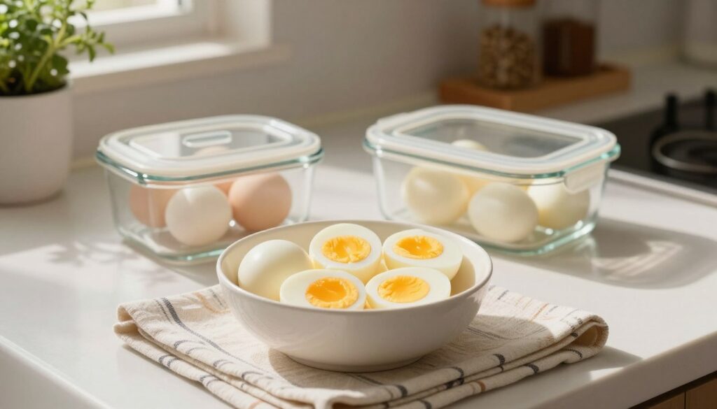 A beautifully arranged kitchen counter showcasing a bowl of perfectly boiled eggs, some whole and some sliced open to display their creamy yolks. In the foreground, a neat kitchen towel lies under the bowl, hinting at the cleanliness and care taken in food preparation. In the middle ground, a glass container with a secure lid is placed next to the bowl, emphasizing proper storage techniques. Soft, warm lighting creates a cozy atmosphere, illuminating the eggs and casting gentle shadows. In the background, subtle kitchen elements like herbs in pots and a spice rack add depth without distraction. The scene conveys a sense of freshness and proper handling of cooked eggs, inviting viewers to consider how to best store them. A beautifully arranged kitchen counter showcasing a bowl of perfectly boiled eggs, some whole and some sliced open to display their creamy yolks. In the foreground, a neat kitchen towel lies under the bowl, hinting at the cleanliness and care taken in food preparation. In the middle ground, a glass container with a secure lid is placed next to the bowl, emphasizing proper storage techniques. Soft, warm lighting creates a cozy atmosphere, illuminating the eggs and casting gentle shadows. In the background, subtle kitchen elements like herbs in pots and a spice rack add depth without distraction. The scene conveys a sense of freshness and proper handling of cooked eggs, inviting viewers to consider how to best store them.