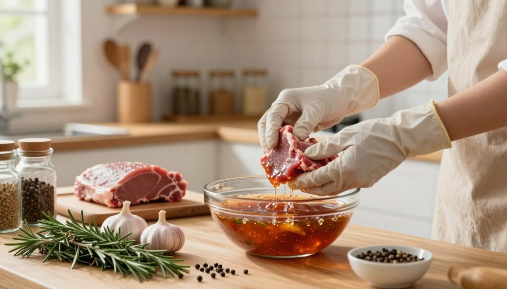 A beautifully arranged kitchen countertop featuring fresh cuts of meat being prepared for marination. In the foreground, a vivid display of spices and herbs, such as rosemary, garlic, and peppercorns, alongside a mixing bowl filled with a rich marinade. The middle layer shows hands wearing modest kitchen gloves gently coating the meat in the marinade, with droplets glistening under overhead lighting. In the background, a well-organized kitchen with wooden shelves holding various cooking utensils and jars, softly blurred to maintain focus on the preparation process. The overall atmosphere is warm and inviting, conveying the essence of home cooking, with natural light streaming through a nearby window, casting a gentle glow on the scene. A beautifully arranged kitchen countertop featuring fresh cuts of meat being prepared for marination. In the foreground, a vivid display of spices and herbs, such as rosemary, garlic, and peppercorns, alongside a mixing bowl filled with a rich marinade. The middle layer shows hands wearing modest kitchen gloves gently coating the meat in the marinade, with droplets glistening under overhead lighting. In the background, a well-organized kitchen with wooden shelves holding various cooking utensils and jars, softly blurred to maintain focus on the preparation process. The overall atmosphere is warm and inviting, conveying the essence of home cooking, with natural light streaming through a nearby window, casting a gentle glow on the scene.