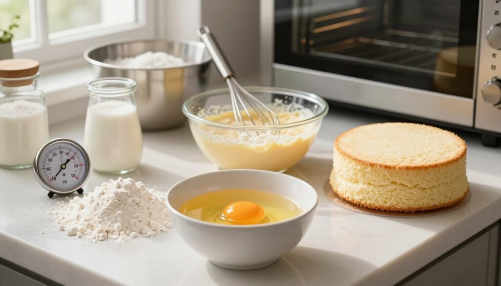 A beautifully arranged kitchen countertop, featuring various baking ingredients at optimal temperatures for making a sponge cake. In the foreground, a bowl of eggs at room temperature, surrounded by flour, sugar, and a thermometer displaying the perfect baking heat. The middle ground showcases a mixing bowl with a whisk, emphasizing the process of combining ingredients, while a partially visible oven in the background hints at the baking process. Soft, natural lighting streams in from a nearby window, creating a warm and inviting atmosphere, highlighting the textural details of the ingredients. The overall mood is one of preparation and anticipation, suggesting the importance of ingredient temperature in achieving a fluffy, stable sponge cake. A beautifully arranged kitchen countertop, featuring various baking ingredients at optimal temperatures for making a sponge cake. In the foreground, a bowl of eggs at room temperature, surrounded by flour, sugar, and a thermometer displaying the perfect baking heat. The middle ground showcases a mixing bowl with a whisk, emphasizing the process of combining ingredients, while a partially visible oven in the background hints at the baking process. Soft, natural lighting streams in from a nearby window, creating a warm and inviting atmosphere, highlighting the textural details of the ingredients. The overall mood is one of preparation and anticipation, suggesting the importance of ingredient temperature in achieving a fluffy, stable sponge cake.
