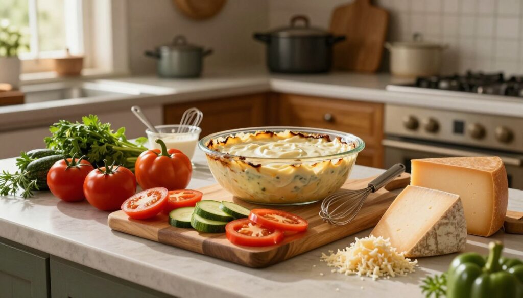 A beautifully arranged kitchen countertop filled with fresh ingredients for a baked casserole, such as sliced vegetables, cheese, and herbs. In the foreground, a wooden cutting board displays vibrant tomatoes, zucchini, and bell peppers, while an array of cheese wheels and grated cheese sit nearby. In the middle ground, a large mixing bowl brims with a creamy sauce, and utensils like a whisk and measuring cups are placed strategically. The background features a rustic kitchen setting with pots hanging, warm wooden cabinets, and natural sunlight filtering through a window, creating a cozy, inviting atmosphere. The lighting is soft and warm, highlighting the freshness of the ingredients, with a shallow depth of field to focus on the preparation details. A beautifully arranged kitchen countertop filled with fresh ingredients for a baked casserole, such as sliced vegetables, cheese, and herbs. In the foreground, a wooden cutting board displays vibrant tomatoes, zucchini, and bell peppers, while an array of cheese wheels and grated cheese sit nearby. In the middle ground, a large mixing bowl brims with a creamy sauce, and utensils like a whisk and measuring cups are placed strategically. The background features a rustic kitchen setting with pots hanging, warm wooden cabinets, and natural sunlight filtering through a window, creating a cozy, inviting atmosphere. The lighting is soft and warm, highlighting the freshness of the ingredients, with a shallow depth of field to focus on the preparation details.