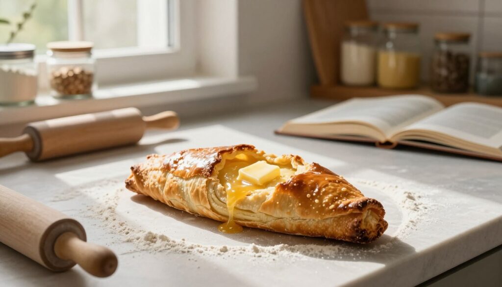 A beautifully arranged kitchen countertop showcasing a freshly baked kruche ciasto, a type of delicate shortcrust pastry. In the foreground, the golden-brown crust is slightly cracked, revealing a buttery, flaky texture. Surrounding it, there are scattered flour and rolling pins, conveying the process of making pastry. In the middle ground, soft, diffused natural light streams through a window, highlighting the sheen of melted butter on the crust. The background features rustic kitchen shelves lined with baking essentials, including jars of ingredients and a cookbook opened to a relevant recipe page. The warm atmosphere evokes a sense of homey comfort and culinary passion, inviting viewers to appreciate the artistry behind achieving the perfect flaky pastry. The image is framed from a slightly elevated angle, emphasizing the textures and colors of the pastry. A beautifully arranged kitchen countertop showcasing a freshly baked kruche ciasto, a type of delicate shortcrust pastry. In the foreground, the golden-brown crust is slightly cracked, revealing a buttery, flaky texture. Surrounding it, there are scattered flour and rolling pins, conveying the process of making pastry. In the middle ground, soft, diffused natural light streams through a window, highlighting the sheen of melted butter on the crust. The background features rustic kitchen shelves lined with baking essentials, including jars of ingredients and a cookbook opened to a relevant recipe page. The warm atmosphere evokes a sense of homey comfort and culinary passion, inviting viewers to appreciate the artistry behind achieving the perfect flaky pastry. The image is framed from a slightly elevated angle, emphasizing the textures and colors of the pastry.