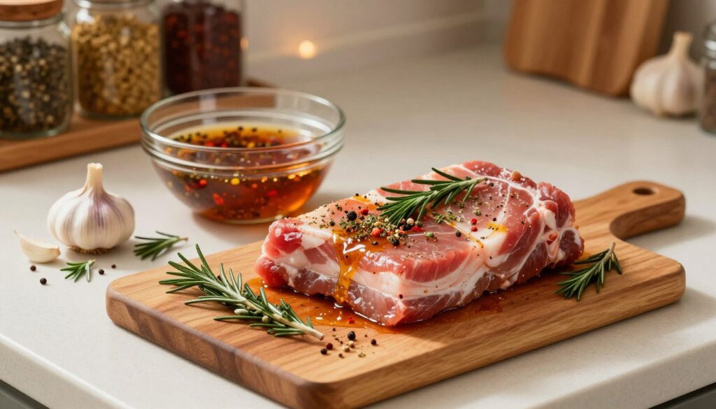 A beautifully arranged kitchen countertop showcasing the marinating process of pork neck. In the foreground, an elegant cutting board displays a thick, juicy piece of pork neck, marinated in a vibrant mix of herbs and spices, with fresh garlic, rosemary, and thyme artfully scattered around. The marinade should have a glossy sheen, hinting at rich flavors. In the middle ground, a glass bowl holds the extra marinade, with colorful spices visible inside. The background features soft, warm ambient lighting illuminating the scene, creating a cozy and inviting atmosphere. A wooden shelf is adorned with jars of spices, adding to the culinary feel. The camera angle captures the scene from a slight overhead perspective, emphasizing the textures and colors, inviting viewers to appreciate the depth of flavor achieved through marination. A beautifully arranged kitchen countertop showcasing the marinating process of pork neck. In the foreground, an elegant cutting board displays a thick, juicy piece of pork neck, marinated in a vibrant mix of herbs and spices, with fresh garlic, rosemary, and thyme artfully scattered around. The marinade should have a glossy sheen, hinting at rich flavors. In the middle ground, a glass bowl holds the extra marinade, with colorful spices visible inside. The background features soft, warm ambient lighting illuminating the scene, creating a cozy and inviting atmosphere. A wooden shelf is adorned with jars of spices, adding to the culinary feel. The camera angle captures the scene from a slight overhead perspective, emphasizing the textures and colors, inviting viewers to appreciate the depth of flavor achieved through marination.