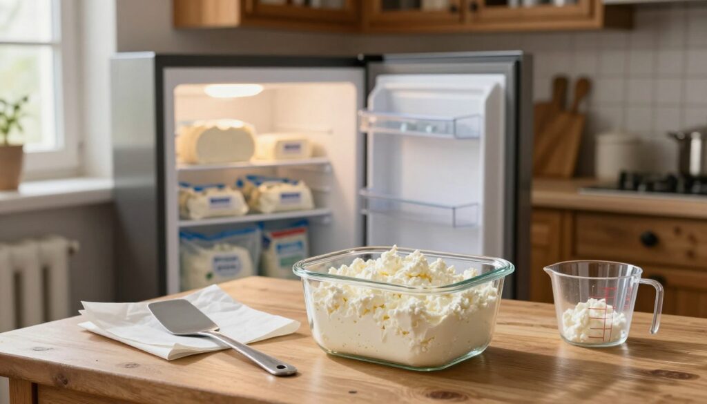 A beautifully arranged kitchen countertop showcasing the process of freezing cottage cheese (twaróg). In the foreground, a clear, glass container filled with freshly prepared, creamy cottage cheese sits beside an assortment of tools: a spatula, parchment paper, and a pair of measuring cups. The middle ground features an open freezer door, revealing a neatly organized space with labeled packages of frozen cottage cheese, indicating various portion sizes. In the background, warm, natural light filters through a window, illuminating the rustic wooden cabinets and kitchen utensils, creating a homely atmosphere. The overall mood is practical and inviting, capturing the essence of preparing and preserving cottage cheese for freezing.