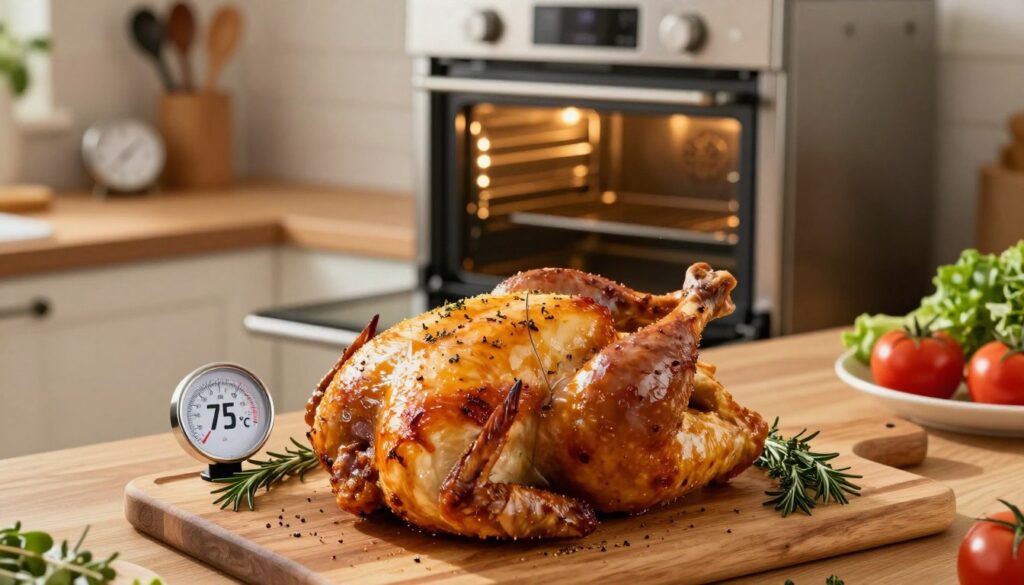 A beautifully arranged kitchen scene featuring a perfectly roasted chicken on a wooden cutting board, with an in-built meat thermometer inserted into its thickest part, displaying a precise temperature reading of 75°C. The foreground shows the chicken glistening with herbs and spices, surrounded by a few sprigs of rosemary and thyme. In the middle ground, an elegant stainless steel oven is slightly open, revealing a soft golden light emanating from within. The background includes kitchen tools like a timer, measuring spoons, and fresh vegetables laid out neatly. The ambient lighting is warm, creating a cozy atmosphere, highlighting the food's deliciousness and emphasizing the importance of temperature control in cooking. The camera angle is slightly above the table, capturing the details while inviting warmth and comfort. A beautifully arranged kitchen scene featuring a perfectly roasted chicken on a wooden cutting board, with an in-built meat thermometer inserted into its thickest part, displaying a precise temperature reading of 75°C. The foreground shows the chicken glistening with herbs and spices, surrounded by a few sprigs of rosemary and thyme. In the middle ground, an elegant stainless steel oven is slightly open, revealing a soft golden light emanating from within. The background includes kitchen tools like a timer, measuring spoons, and fresh vegetables laid out neatly. The ambient lighting is warm, creating a cozy atmosphere, highlighting the food's deliciousness and emphasizing the importance of temperature control in cooking. The camera angle is slightly above the table, capturing the details while inviting warmth and comfort.