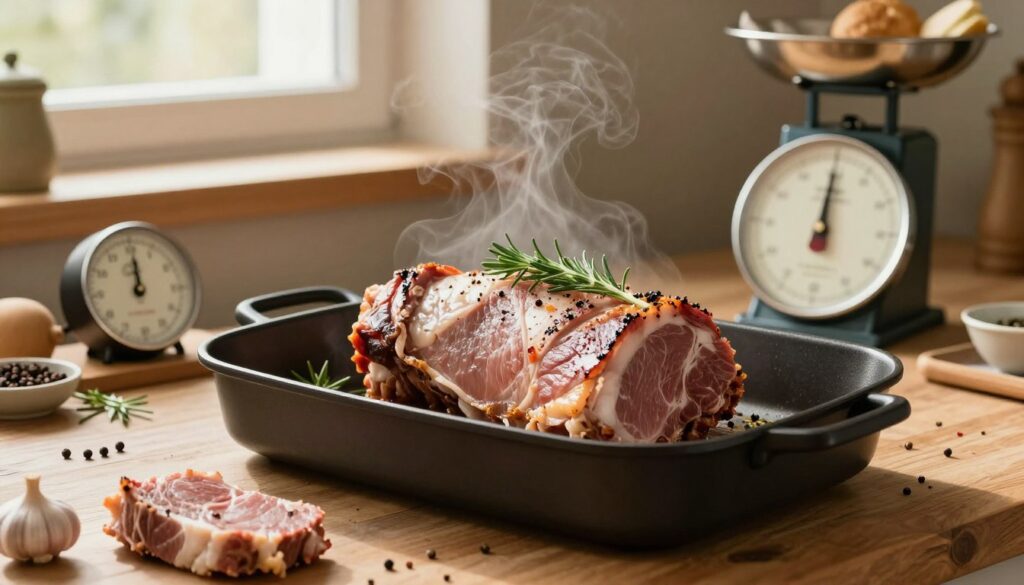 A beautifully arranged kitchen scene featuring a roasting pan with a succulent pork neck (karkówka) placed in the center, garnished with fresh herbs and spices. In the foreground, a juicy piece of meat is highlighted, with steam rising gently. The middle ground shows a timer and a kitchen scale nearby, symbolizing the optimal roasting time based on weight. The background includes a warm, rustic kitchen setting with light pouring in from a window, creating a cozy atmosphere. The lighting is soft and inviting, enhancing the textures of the meat and surrounding ingredients. The composition should evoke a sense of comfort and home-cooked warmth, ideal for a family meal. A beautifully arranged kitchen scene featuring a roasting pan with a succulent pork neck (karkówka) placed in the center, garnished with fresh herbs and spices. In the foreground, a juicy piece of meat is highlighted, with steam rising gently. The middle ground shows a timer and a kitchen scale nearby, symbolizing the optimal roasting time based on weight. The background includes a warm, rustic kitchen setting with light pouring in from a window, creating a cozy atmosphere. The lighting is soft and inviting, enhancing the textures of the meat and surrounding ingredients. The composition should evoke a sense of comfort and home-cooked warmth, ideal for a family meal.