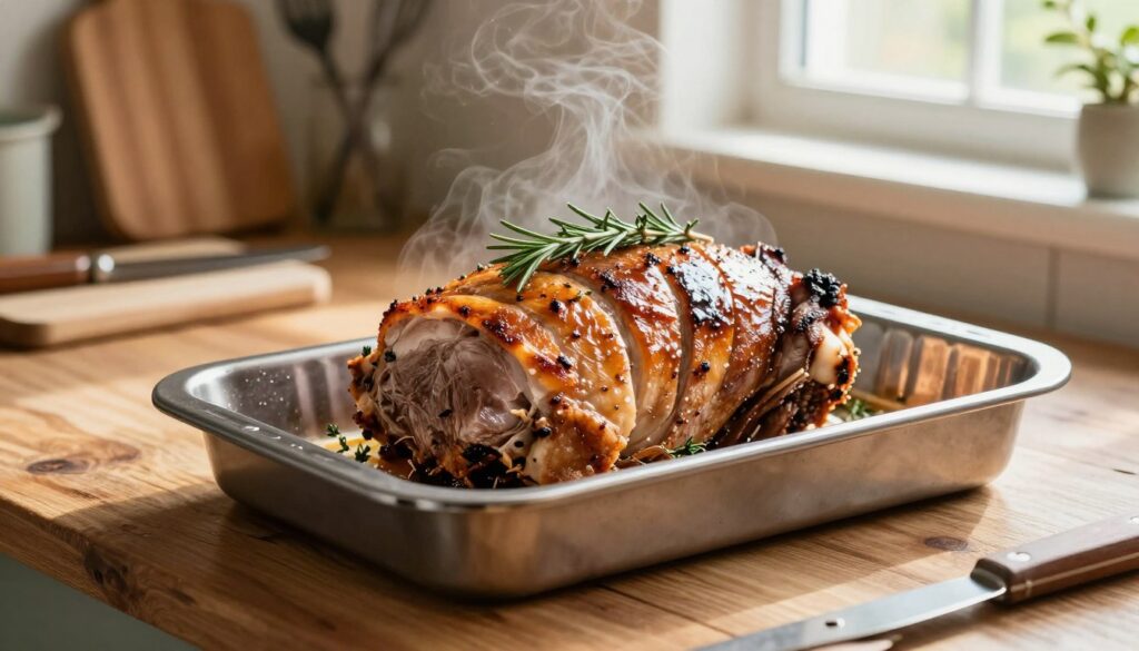 A beautifully arranged kitchen scene featuring a succulent roasted pork loin, tender and glistening, placed inside a shiny heat-resistant sleeve. The foreground showcases the pork with its golden-brown crust, garnished with fresh herbs like rosemary and thyme. In the middle ground, a transparent roasting sleeve containing the pork reveals steamy condensation, emphasizing moist cooking techniques. The background features a rustic wooden table with kitchen utensils and a vintage cutting board, softly illuminated by warm, natural light coming from a nearby window. The atmosphere is cozy and inviting, capturing the essence of home cooking and delicious aromas. Use a soft focus lens to enhance the inviting mood while ensuring vivid colors that highlight the tenderness of the meat. A beautifully arranged kitchen scene featuring a succulent roasted pork loin, tender and glistening, placed inside a shiny heat-resistant sleeve. The foreground showcases the pork with its golden-brown crust, garnished with fresh herbs like rosemary and thyme. In the middle ground, a transparent roasting sleeve containing the pork reveals steamy condensation, emphasizing moist cooking techniques. The background features a rustic wooden table with kitchen utensils and a vintage cutting board, softly illuminated by warm, natural light coming from a nearby window. The atmosphere is cozy and inviting, capturing the essence of home cooking and delicious aromas. Use a soft focus lens to enhance the inviting mood while ensuring vivid colors that highlight the tenderness of the meat.