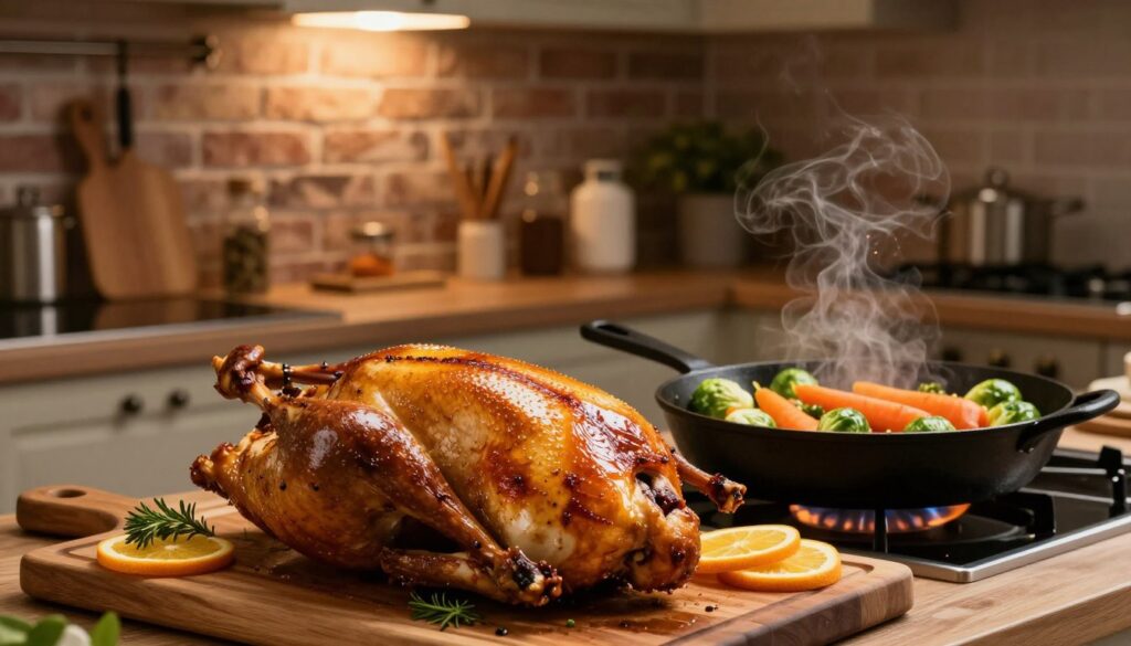 A beautifully arranged kitchen scene featuring a whole duck prepared using alternative cooking methods, such as sous-vide and slow roasting. In the foreground, a shiny, golden-brown duck rests on a wooden cutting board, garnished with fresh herbs and citrus slices. In the middle, vibrant vegetables like carrots and Brussels sprouts are being sautéed in a cast-iron skillet, emitting a savory aroma. The background showcases an elegant kitchen with exposed brick walls and warm, ambient lighting that creates an inviting atmosphere. A soft focus on kitchen tools and spices adds depth, while a gentle overhead light highlights the textures of the duck skin and the vibrant colors of the vegetables. The mood is cozy and sophisticated, perfect for culinary inspiration. A beautifully arranged kitchen scene featuring a whole duck prepared using alternative cooking methods, such as sous-vide and slow roasting. In the foreground, a shiny, golden-brown duck rests on a wooden cutting board, garnished with fresh herbs and citrus slices. In the middle, vibrant vegetables like carrots and Brussels sprouts are being sautéed in a cast-iron skillet, emitting a savory aroma. The background showcases an elegant kitchen with exposed brick walls and warm, ambient lighting that creates an inviting atmosphere. A soft focus on kitchen tools and spices adds depth, while a gentle overhead light highlights the textures of the duck skin and the vibrant colors of the vegetables. The mood is cozy and sophisticated, perfect for culinary inspiration.