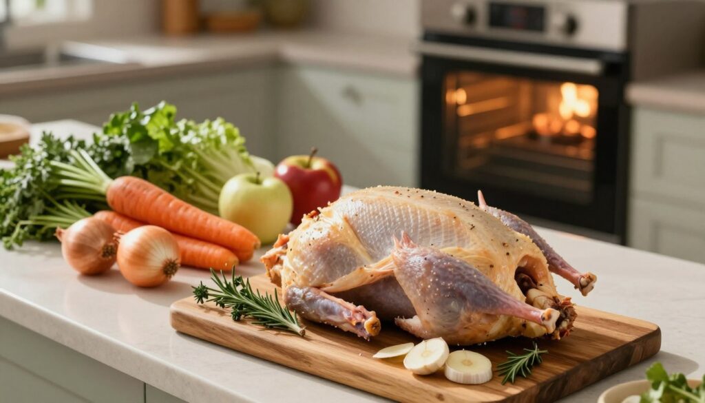 A beautifully arranged kitchen scene focused on the preparation of a duck. In the foreground, a whole duck is placed on a rustic wooden cutting board, surrounded by fresh herbs like thyme and rosemary, and slices of garlic. The middle ground features an array of colorful vegetables including carrots, onions, and apples, ready to be used as stuffing. In the background, a glowing oven is preheating, with warm, soft lighting casting inviting shadows across the counter. The atmosphere reflects a cozy, homey feeling, emphasizing meticulous preparation. The scene is framed from a slightly elevated angle, providing a clear view of the ingredients and the workspace. A beautifully arranged kitchen scene focused on the preparation of a duck. In the foreground, a whole duck is placed on a rustic wooden cutting board, surrounded by fresh herbs like thyme and rosemary, and slices of garlic. The middle ground features an array of colorful vegetables including carrots, onions, and apples, ready to be used as stuffing. In the background, a glowing oven is preheating, with warm, soft lighting casting inviting shadows across the counter. The atmosphere reflects a cozy, homey feeling, emphasizing meticulous preparation. The scene is framed from a slightly elevated angle, providing a clear view of the ingredients and the workspace.