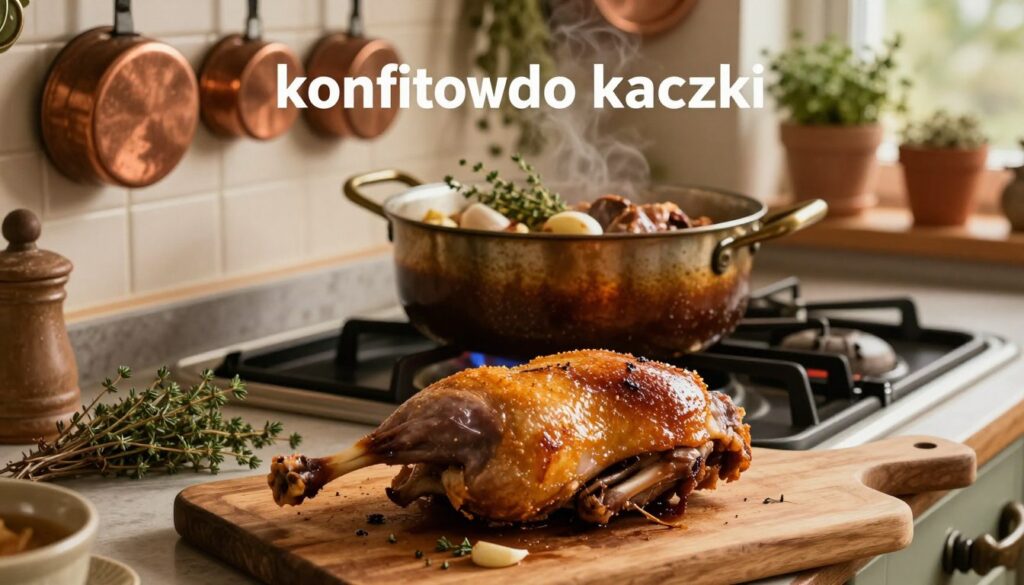 A beautifully arranged kitchen scene focusing on the art of "konfitowanie kaczki" (duck confit). In the foreground, a perfectly cooked duck leg glistens with a golden, crispy skin, placed upon a rustic wooden cutting board. The middle layer features a pot simmering slowly on a vintage stove, filled with rich, aromatic duck fat, with sprigs of thyme and garlic cloves gently floating. In the background, soft, warm ambient lighting casts a cozy glow, enhancing the inviting atmosphere. The kitchen decor is charming and traditional, with copper pots hanging and herbs in terracotta pots on a window sill. The image conveys a sense of warmth, culinary mastery, and a focus on gourmet cooking techniques, evoking an appetizing and homely feel. A beautifully arranged kitchen scene focusing on the art of "konfitowanie kaczki" (duck confit). In the foreground, a perfectly cooked duck leg glistens with a golden, crispy skin, placed upon a rustic wooden cutting board. The middle layer features a pot simmering slowly on a vintage stove, filled with rich, aromatic duck fat, with sprigs of thyme and garlic cloves gently floating. In the background, soft, warm ambient lighting casts a cozy glow, enhancing the inviting atmosphere. The kitchen decor is charming and traditional, with copper pots hanging and herbs in terracotta pots on a window sill. The image conveys a sense of warmth, culinary mastery, and a focus on gourmet cooking techniques, evoking an appetizing and homely feel.