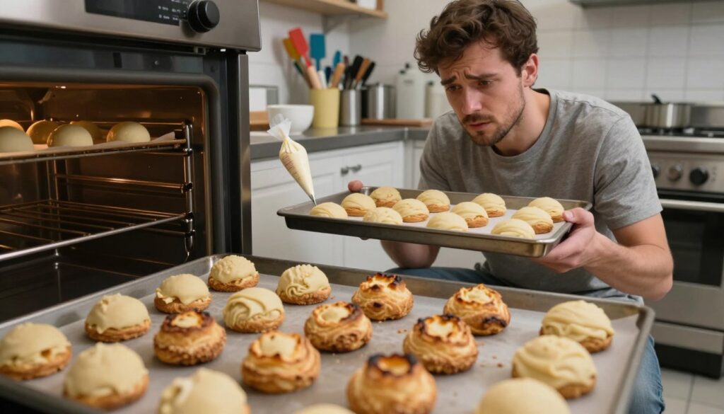 A beautifully arranged kitchen scene focusing on the common mistakes made while baking choux pastry bases. In the foreground, a partially opened oven reveals unevenly risen pastry with some burnt edges, showcasing a variety of errors like collapsing puffs and undercooked dough. In the middle, an artisan baker in modest casual clothing examines a tray of ptysie, looking concerned. The background features an organized kitchen with various baking tools: spatulas, piping bags, and measuring cups. Soft, warm lighting highlights the textures of the pastry and the baker's thoughtful expression, creating a mood of both learning and creativity. The angle is slightly above eye level, capturing the depth of the kitchen workspace and focusing on the baking process. A beautifully arranged kitchen scene focusing on the common mistakes made while baking choux pastry bases. In the foreground, a partially opened oven reveals unevenly risen pastry with some burnt edges, showcasing a variety of errors like collapsing puffs and undercooked dough. In the middle, an artisan baker in modest casual clothing examines a tray of ptysie, looking concerned. The background features an organized kitchen with various baking tools: spatulas, piping bags, and measuring cups. Soft, warm lighting highlights the textures of the pastry and the baker's thoughtful expression, creating a mood of both learning and creativity. The angle is slightly above eye level, capturing the depth of the kitchen workspace and focusing on the baking process.