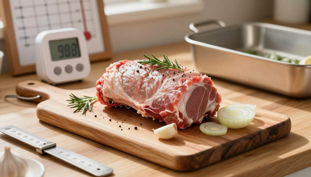 A beautifully arranged kitchen scene showcases a juicy pork neck roast, displayed center stage on a rustic wooden cutting board. The roast is garnished with fresh herbs, garlic cloves, and slices of onion, giving off an inviting aroma. Surrounding the board are measuring tools indicating cooking time, with a digital timer and temperature chart subtly placed in the background, hinting at the ideal baking conditions. Warm, natural light floods the scene, casting soft shadows that enhance the textures of the meat and wooden surfaces. An elegant silver roasting pan sits off to the side, suggesting preparation. The atmosphere is cozy and homely, evoking the warmth of a family gathering around a hearty meal. The focus is clear and detailed, blurring slightly at the edges to draw attention to the delicious roast at the heart of the image. A beautifully arranged kitchen scene showcases a juicy pork neck roast, displayed center stage on a rustic wooden cutting board. The roast is garnished with fresh herbs, garlic cloves, and slices of onion, giving off an inviting aroma. Surrounding the board are measuring tools indicating cooking time, with a digital timer and temperature chart subtly placed in the background, hinting at the ideal baking conditions. Warm, natural light floods the scene, casting soft shadows that enhance the textures of the meat and wooden surfaces. An elegant silver roasting pan sits off to the side, suggesting preparation. The atmosphere is cozy and homely, evoking the warmth of a family gathering around a hearty meal. The focus is clear and detailed, blurring slightly at the edges to draw attention to the delicious roast at the heart of the image.