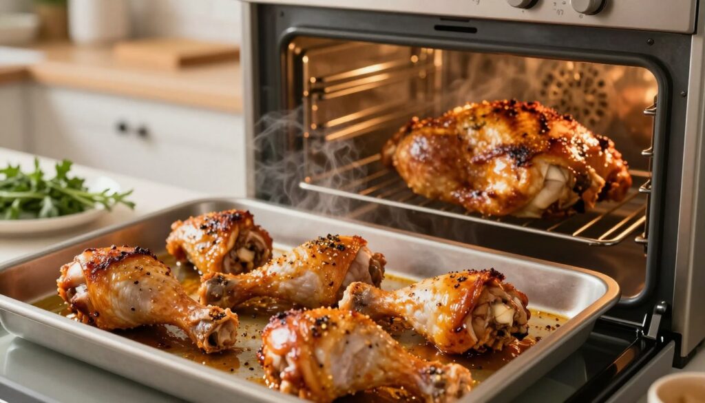 A beautifully arranged kitchen scene showcasing chicken drumsticks being roasted in an oven, exhibiting a golden-brown, crispy texture. The foreground features a close-up of a baking tray filled with succulent drumsticks, glistening with savory spices. In the middle ground, the oven door is slightly ajar, revealing the perfectly cooked chicken, with steam gently rising, creating a warm and inviting atmosphere. The background includes soft, ambient kitchen lighting, highlighting the culinary tools and fresh herbs on the countertop. The scene is viewed at a slight angle to emphasize the depth and warmth of a cozy kitchen. Aim for a mouth-watering image that conveys the optimal baking time and temperature, inviting viewers to appreciate perfectly cooked chicken.