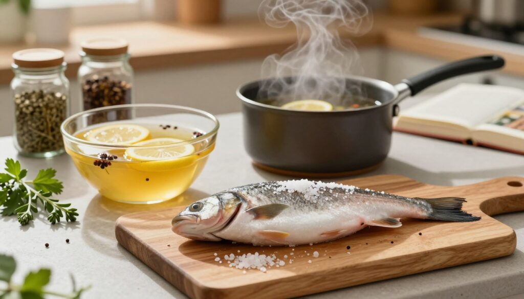 A beautifully arranged kitchen scene showcasing the process of brining fish, known as "solankowanie ryby." In the foreground, a wooden cutting board displays a fresh whole fish being methodically covered in a saltwater solution, with coarse sea salt and herbs scattered nearby. The middle layer reveals a bowl of vibrant brine, with glistening spices and floating lemon slices. A small saucepan with simmering brine sits beside it, releasing gentle steam. In the background, a cozy kitchen with warm lighting and soft shadows creates an inviting atmosphere. A few jars of seasoning, fresh herbs, and a neatly arranged cookbook add to the culinary ambiance. Capture this scene with a soft focus and a warm, inviting color palette to evoke a sense of home-cooked comfort. A beautifully arranged kitchen scene showcasing the process of brining fish, known as "solankowanie ryby." In the foreground, a wooden cutting board displays a fresh whole fish being methodically covered in a saltwater solution, with coarse sea salt and herbs scattered nearby. The middle layer reveals a bowl of vibrant brine, with glistening spices and floating lemon slices. A small saucepan with simmering brine sits beside it, releasing gentle steam. In the background, a cozy kitchen with warm lighting and soft shadows creates an inviting atmosphere. A few jars of seasoning, fresh herbs, and a neatly arranged cookbook add to the culinary ambiance. Capture this scene with a soft focus and a warm, inviting color palette to evoke a sense of home-cooked comfort.