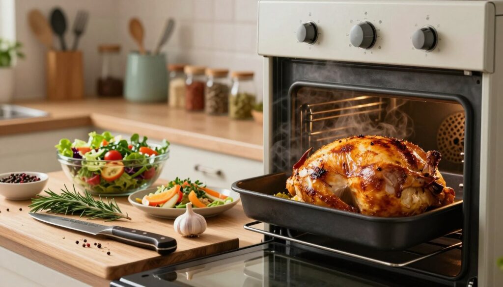 A beautifully arranged kitchen setting featuring an oven with a perfectly roasted chicken breast inside, golden and succulent. In the foreground, a cutting board displaying various herbs and spices, including rosemary, thyme, and garlic, alongside a chef's knife. The middle section showcases a vibrant, fresh salad and side dishes, with steam rising from the dishes, hinting at their warmth and freshness. The background features neatly organized kitchen tools and shelves stocked with spices, all illuminated by soft, warm lighting to create a cozy atmosphere. The angle focuses on the oven, giving a sense of depth, inviting the viewer to step into the kitchen and engage with the cooking process. The overall mood is inviting and warm, emphasizing the art of baking chicken perfectly. A beautifully arranged kitchen setting featuring an oven with a perfectly roasted chicken breast inside, golden and succulent. In the foreground, a cutting board displaying various herbs and spices, including rosemary, thyme, and garlic, alongside a chef's knife. The middle section showcases a vibrant, fresh salad and side dishes, with steam rising from the dishes, hinting at their warmth and freshness. The background features neatly organized kitchen tools and shelves stocked with spices, all illuminated by soft, warm lighting to create a cozy atmosphere. The angle focuses on the oven, giving a sense of depth, inviting the viewer to step into the kitchen and engage with the cooking process. The overall mood is inviting and warm, emphasizing the art of baking chicken perfectly.
