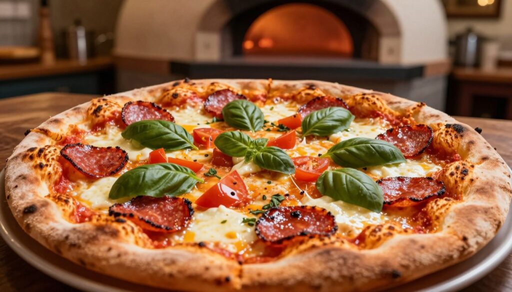 A beautifully arranged pizza topped with an appealing variety of ingredients. In the foreground, vibrant and colorful toppings: glistening pepperoni slices, fresh basil leaves, ripe tomato chunks, and melted mozzarella cheese pulling away enticingly. The middle layer showcases the golden-brown, crispy crust with a slightly charred texture, emphasizing the perfect bake. In the background, a warm, rustic kitchen setting with a wood-fired pizza oven glowing softly, adding a cozy atmosphere. The lighting is warm and inviting, casting subtle shadows that enhance the texture of the toppings. The angle is slightly overhead, allowing a full view of the elaborately decorated pizza, inviting viewers to appreciate the careful arrangement designed for optimal flavor. A beautifully arranged pizza topped with an appealing variety of ingredients. In the foreground, vibrant and colorful toppings: glistening pepperoni slices, fresh basil leaves, ripe tomato chunks, and melted mozzarella cheese pulling away enticingly. The middle layer showcases the golden-brown, crispy crust with a slightly charred texture, emphasizing the perfect bake. In the background, a warm, rustic kitchen setting with a wood-fired pizza oven glowing softly, adding a cozy atmosphere. The lighting is warm and inviting, casting subtle shadows that enhance the texture of the toppings. The angle is slightly overhead, allowing a full view of the elaborately decorated pizza, inviting viewers to appreciate the careful arrangement designed for optimal flavor.