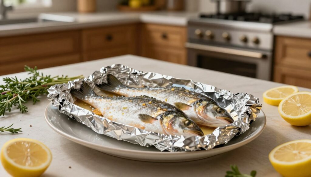 A beautifully arranged plate featuring whole fish wrapped tightly in aluminum foil, glistening under soft, warm kitchen lighting. In the foreground, the shiny foil reflects the ambient light, hinting at the freshness of the fish inside. The middle ground showcases an elegant tabletop setting with herbs and lemon slices artistically placed around the foil package, emphasizing a healthy cooking method. In the background, a rustic kitchen is visible, with wooden cabinets and an inviting oven, suggesting a homely atmosphere. The overall mood is warm and inviting, evoking the comforting experience of a home-cooked meal. Capture this scene from a slightly elevated angle, focusing on the details of the foil and fish, ensuring a bright and appetizing color palette. A beautifully arranged plate featuring whole fish wrapped tightly in aluminum foil, glistening under soft, warm kitchen lighting. In the foreground, the shiny foil reflects the ambient light, hinting at the freshness of the fish inside. The middle ground showcases an elegant tabletop setting with herbs and lemon slices artistically placed around the foil package, emphasizing a healthy cooking method. In the background, a rustic kitchen is visible, with wooden cabinets and an inviting oven, suggesting a homely atmosphere. The overall mood is warm and inviting, evoking the comforting experience of a home-cooked meal. Capture this scene from a slightly elevated angle, focusing on the details of the foil and fish, ensuring a bright and appetizing color palette.