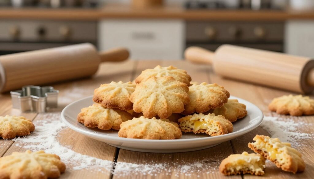 A beautifully arranged plate of crisp, golden "kruche ciasteczka," styled for a baking-themed scene. In the foreground, the cookies are stacked elegantly, emphasizing their delicate texture and light crumb. Some are slightly broken, revealing a soft, buttery inside. In the middle, a rustic wooden table with flour dust sprinkled artistically around, and baking tools like a rolling pin and cookie cutters resting nearby. In the background, soft, warm lighting highlights a cozy kitchen setting with a blurry view of an oven, hinting at a delicious batch baking perfectly. The overall mood is inviting and homely, evoking the comforting smell of freshly baked cookies. The image should be well-lit, showcasing the buttery, rich color of the cookies, emphasizing their perfect bake without any text or clutter. A beautifully arranged plate of crisp, golden "kruche ciasteczka," styled for a baking-themed scene. In the foreground, the cookies are stacked elegantly, emphasizing their delicate texture and light crumb. Some are slightly broken, revealing a soft, buttery inside. In the middle, a rustic wooden table with flour dust sprinkled artistically around, and baking tools like a rolling pin and cookie cutters resting nearby. In the background, soft, warm lighting highlights a cozy kitchen setting with a blurry view of an oven, hinting at a delicious batch baking perfectly. The overall mood is inviting and homely, evoking the comforting smell of freshly baked cookies. The image should be well-lit, showcasing the buttery, rich color of the cookies, emphasizing their perfect bake without any text or clutter.