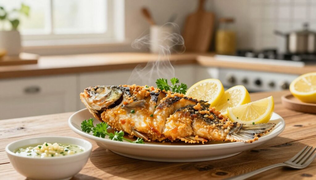 A beautifully arranged plate of fried carp, glistening with a golden-brown crust, placed on a rustic wooden table. The carp fillets are garnished with fresh parsley and lemon wedges, highlighting the dish's vibrant colors. In the foreground, a steaming bowl of traditional sauce, perhaps a garlic or tartar sauce, complements the carp. In the middle ground, a cozy kitchen setting is visible, with light streaming in through a window, creating a warm and inviting atmosphere. The background features a softly blurred kitchen with cooking utensils and ingredients that suggest a home-cooked meal environment. The scene is softly lit, emphasizing the textures of the fish and the bright colors of the garnishes, conveying a mood of comfort and culinary delight. A beautifully arranged plate of fried carp, glistening with a golden-brown crust, placed on a rustic wooden table. The carp fillets are garnished with fresh parsley and lemon wedges, highlighting the dish's vibrant colors. In the foreground, a steaming bowl of traditional sauce, perhaps a garlic or tartar sauce, complements the carp. In the middle ground, a cozy kitchen setting is visible, with light streaming in through a window, creating a warm and inviting atmosphere. The background features a softly blurred kitchen with cooking utensils and ingredients that suggest a home-cooked meal environment. The scene is softly lit, emphasizing the textures of the fish and the bright colors of the garnishes, conveying a mood of comfort and culinary delight.