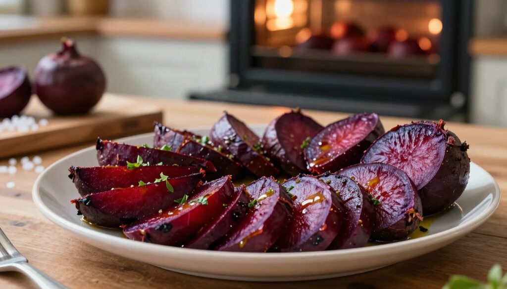 A beautifully arranged plate of roasted beetroots in various shapes and sizes, showcasing their deep red and purple hues, glistening with a light drizzle of olive oil and sprinkled with fresh herbs. In the foreground, the beetroots are sliced into elegantly thin rounds and some left whole, emphasizing their tender, caramelized surfaces. The middle ground captures a slight blur of a rustic kitchen table with a wooden cutting board and scattered sea salt, while the background features a softly glowing oven with the door ajar, hinting at the beets just having come out. Warm, soft lighting creates an inviting atmosphere, enhancing the natural colors of the vegetables and exuding an overall mood of comfort and savory deliciousness. A close-up perspective to focus on the details of the roasted beets. A beautifully arranged plate of roasted beetroots in various shapes and sizes, showcasing their deep red and purple hues, glistening with a light drizzle of olive oil and sprinkled with fresh herbs. In the foreground, the beetroots are sliced into elegantly thin rounds and some left whole, emphasizing their tender, caramelized surfaces. The middle ground captures a slight blur of a rustic kitchen table with a wooden cutting board and scattered sea salt, while the background features a softly glowing oven with the door ajar, hinting at the beets just having come out. Warm, soft lighting creates an inviting atmosphere, enhancing the natural colors of the vegetables and exuding an overall mood of comfort and savory deliciousness. A close-up perspective to focus on the details of the roasted beets.