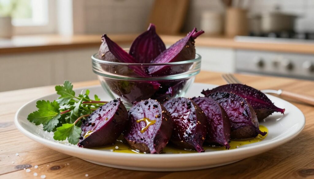 A beautifully arranged plate of roasted beets, glistening with a light drizzle of olive oil, showcasing their rich, deep purple hues. In the foreground, vibrant greens from fresh herbs and a sprinkle of sea salt add contrast to the dish. In the middle, a glass bowl filled with additional roasted beets, some sliced and some whole, highlights their tender texture. The background features a warmly lit kitchen environment, with rustic wooden countertops and soft, natural light streaming through a window, creating a cozy, inviting atmosphere. The image captures the essence of home cooking, evoking a sense of warmth and comfort, perfect for showcasing the practicality of roasted beets in a home kitchen setting. A beautifully arranged plate of roasted beets, glistening with a light drizzle of olive oil, showcasing their rich, deep purple hues. In the foreground, vibrant greens from fresh herbs and a sprinkle of sea salt add contrast to the dish. In the middle, a glass bowl filled with additional roasted beets, some sliced and some whole, highlights their tender texture. The background features a warmly lit kitchen environment, with rustic wooden countertops and soft, natural light streaming through a window, creating a cozy, inviting atmosphere. The image captures the essence of home cooking, evoking a sense of warmth and comfort, perfect for showcasing the practicality of roasted beets in a home kitchen setting.