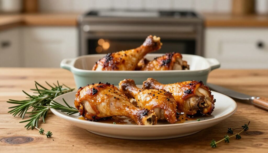 A beautifully arranged plate of roasted chicken drumsticks, golden brown and glistening with a flavorful glaze, placed on a rustic wooden kitchen table. In the foreground, the drumsticks are surrounded by sprigs of fresh herbs like rosemary and thyme, emphasizing their seasoning. In the middle, a ceramic baking dish sits with two drumsticks leaning against each other, showcasing their juicy texture. The background features a softly lit oven with the door slightly ajar, hinting at a warm and inviting kitchen atmosphere. The scene is bathed in warm, natural light, creating a homey and appetizing mood. Capture this composition with a shallow depth of field to highlight the dish. A beautifully arranged plate of roasted chicken drumsticks, golden brown and glistening with a flavorful glaze, placed on a rustic wooden kitchen table. In the foreground, the drumsticks are surrounded by sprigs of fresh herbs like rosemary and thyme, emphasizing their seasoning. In the middle, a ceramic baking dish sits with two drumsticks leaning against each other, showcasing their juicy texture. The background features a softly lit oven with the door slightly ajar, hinting at a warm and inviting kitchen atmosphere. The scene is bathed in warm, natural light, creating a homey and appetizing mood. Capture this composition with a shallow depth of field to highlight the dish.