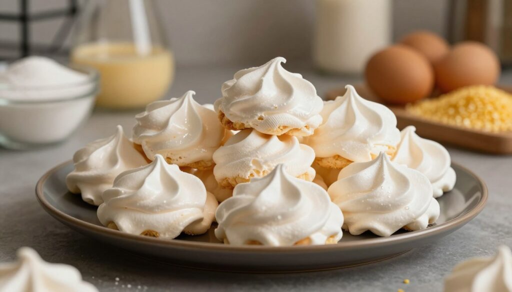 A beautifully arranged plate of stabilizatory bezy, showcasing their light, airy texture and crisp exterior. In the foreground, several perfectly formed meringues are artfully stacked, glistening with a subtle sheen, indicating their freshness. The background features a softly blurred kitchen environment, with ingredients like sugar, egg whites, and cornstarch subtly visible, reflecting the process of making meringues. The lighting is warm and inviting, highlighting the delicate features of the meringues, creating gentle shadows that enhance their three-dimensional appearance. The overall atmosphere is cozy and professional, evoking the joy of baking with attention to detail. The composition is shot at a slight angle to capture both the meringues’ elegance and the essence of the baking process. A beautifully arranged plate of stabilizatory bezy, showcasing their light, airy texture and crisp exterior. In the foreground, several perfectly formed meringues are artfully stacked, glistening with a subtle sheen, indicating their freshness. The background features a softly blurred kitchen environment, with ingredients like sugar, egg whites, and cornstarch subtly visible, reflecting the process of making meringues. The lighting is warm and inviting, highlighting the delicate features of the meringues, creating gentle shadows that enhance their three-dimensional appearance. The overall atmosphere is cozy and professional, evoking the joy of baking with attention to detail. The composition is shot at a slight angle to capture both the meringues’ elegance and the essence of the baking process.