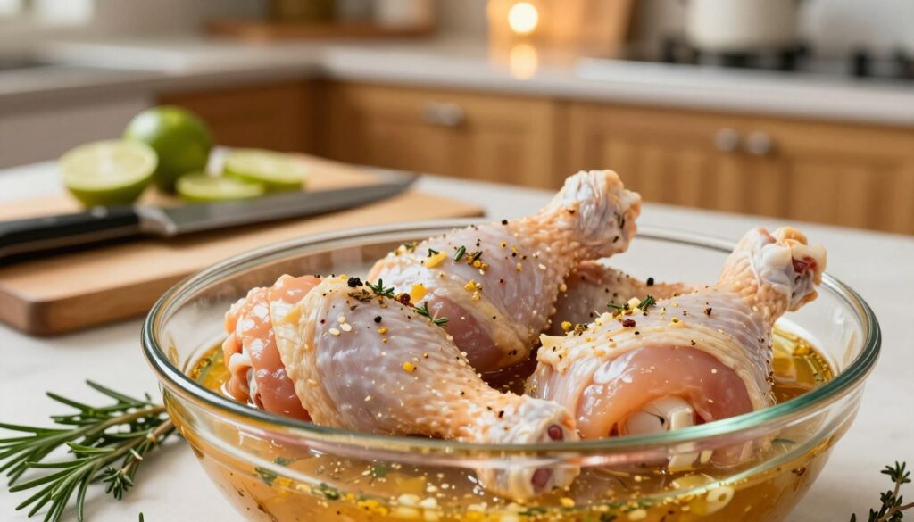 A beautifully arranged preparation scene of chicken drumsticks marinating in a glass bowl. In the foreground, focus on the vibrant, raw chicken drumsticks coated in a rich, golden marinade made from garlic, herbs, and spices. Add sprigs of fresh rosemary and thyme scattered around for freshness. In the middle ground, place a cutting board with a chef's knife and lime slices, hinting at the ingredients used for the marinade. The background features a softly lit kitchen, with wooden cabinets and warm ambient lighting to create a cozy atmosphere. The image should emphasize the textures of the meat and marinade, capturing the essence of cooking with a focus on preparation and flavor infusion. Use a shallow depth of field to highlight the marinated chicken prominently while softly blurring the kitchen setting. A beautifully arranged preparation scene of chicken drumsticks marinating in a glass bowl. In the foreground, focus on the vibrant, raw chicken drumsticks coated in a rich, golden marinade made from garlic, herbs, and spices. Add sprigs of fresh rosemary and thyme scattered around for freshness. In the middle ground, place a cutting board with a chef's knife and lime slices, hinting at the ingredients used for the marinade. The background features a softly lit kitchen, with wooden cabinets and warm ambient lighting to create a cozy atmosphere. The image should emphasize the textures of the meat and marinade, capturing the essence of cooking with a focus on preparation and flavor infusion. Use a shallow depth of field to highlight the marinated chicken prominently while softly blurring the kitchen setting.