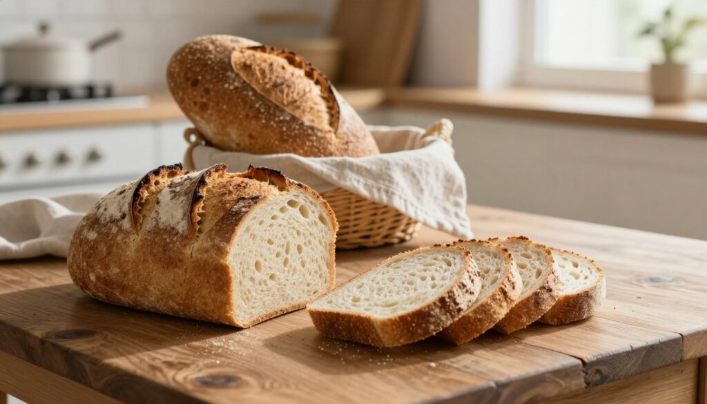 A beautifully arranged scene depicting sliced gluten-free bread on a rustic wooden table. In the foreground, showcase a loaf of freshly baked gluten-free bread with a golden-brown crust, highlighting its soft, moist texture and airy crumb. Beside it, place a few slices fanned out to emphasize the lightness and moisture content. In the middle ground, add a basket filled with additional gluten-free loaves, wrapped in a clean linen cloth, suggesting warmth and freshness. In the background, a cozy kitchen setting with soft, diffused natural light streaming through a window, casting gentle shadows. The atmosphere is warm and inviting, perfect for portraying the concept of storing homemade bread. Aim for a warm color palette of browns and soft whites to evoke comfort and homemade goodness.